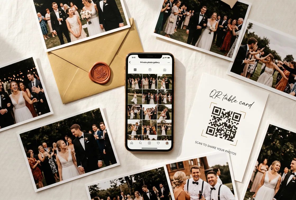 A private wedding gallery filling up with guest photos, shown on a phone