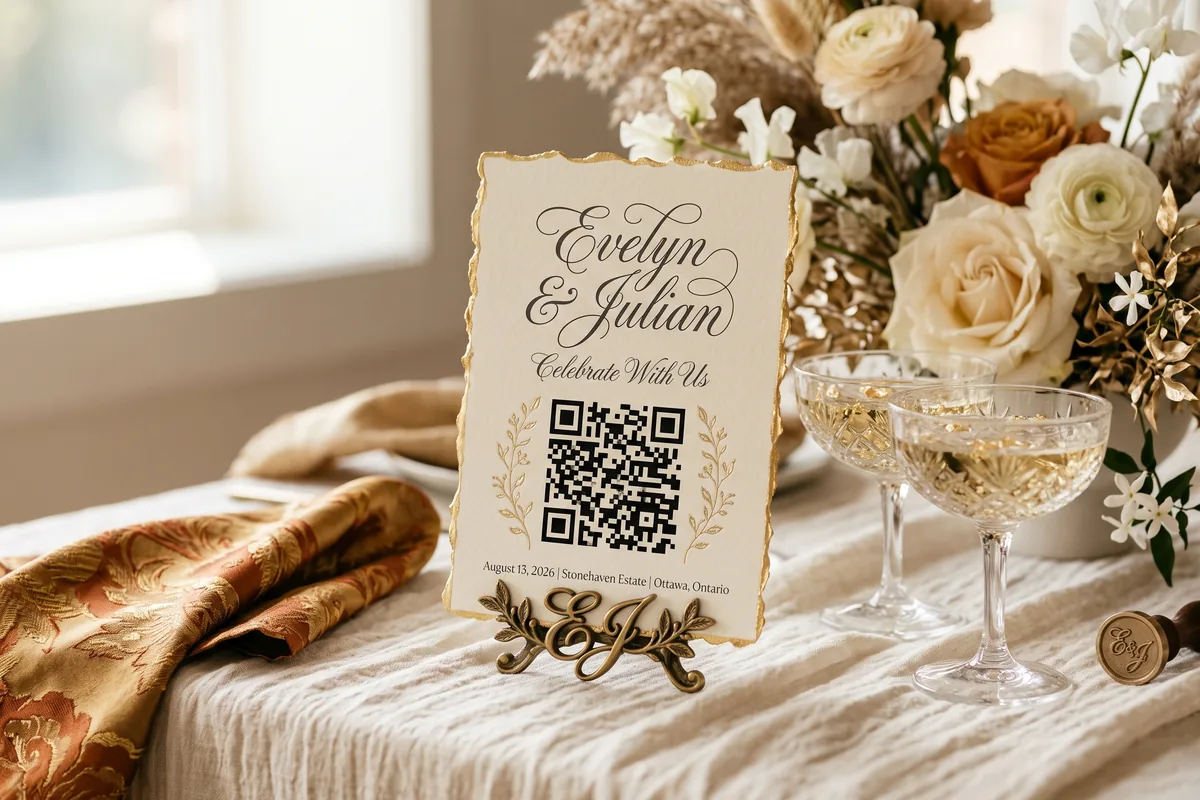 A printed Sip & Snap QR table card on linen beside coupe glasses and flowers