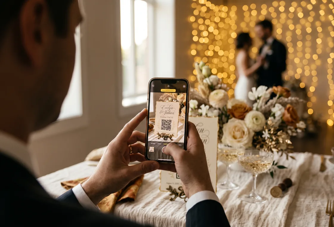 A guest scanning a printed QR table card with a phone at a wedding reception table